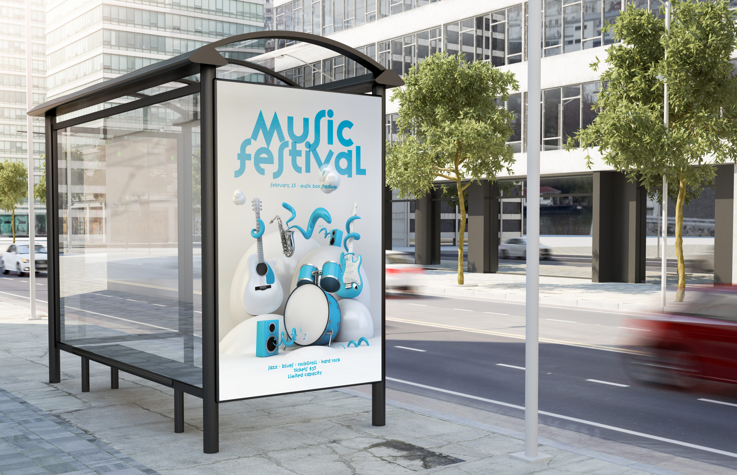 bus stop music festival billboard on the street 3d rendering