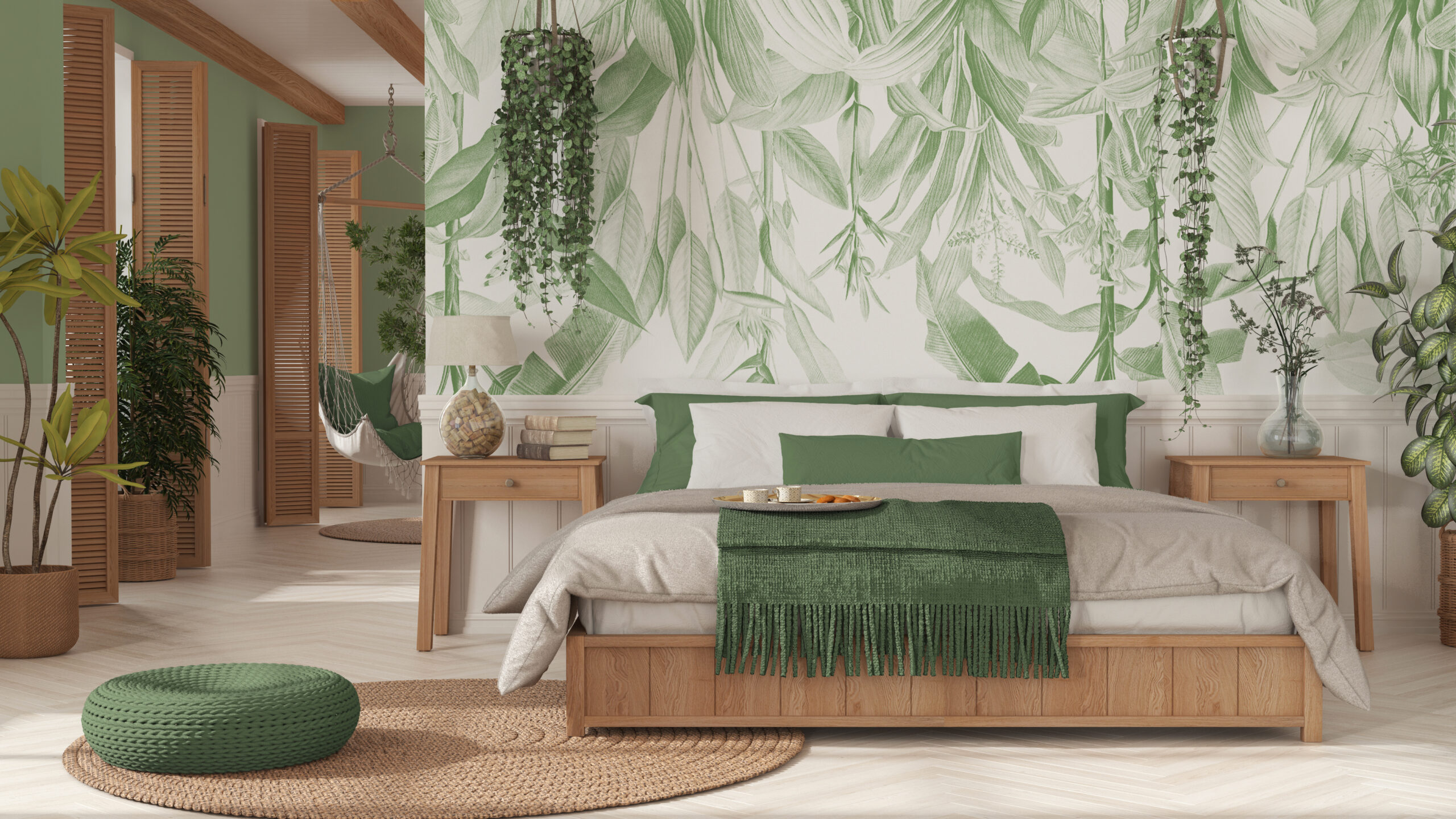 Farmhouse wooden bedroom in boho style in white and green tones. Double bed, hanging chair and potted plants. Window with shutters and wallpaper. Country vintage interior design