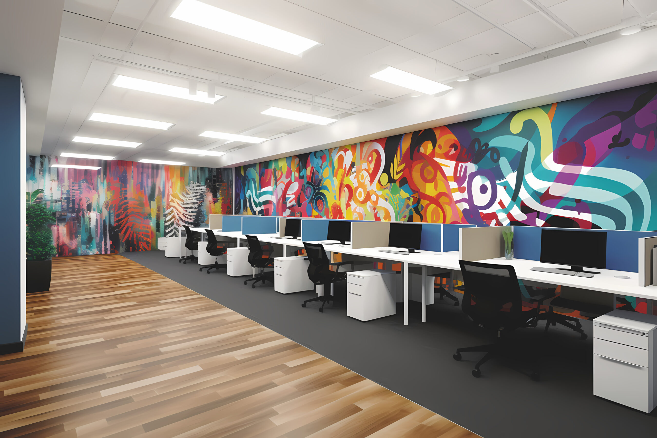Modern office with a Pop-Art mural