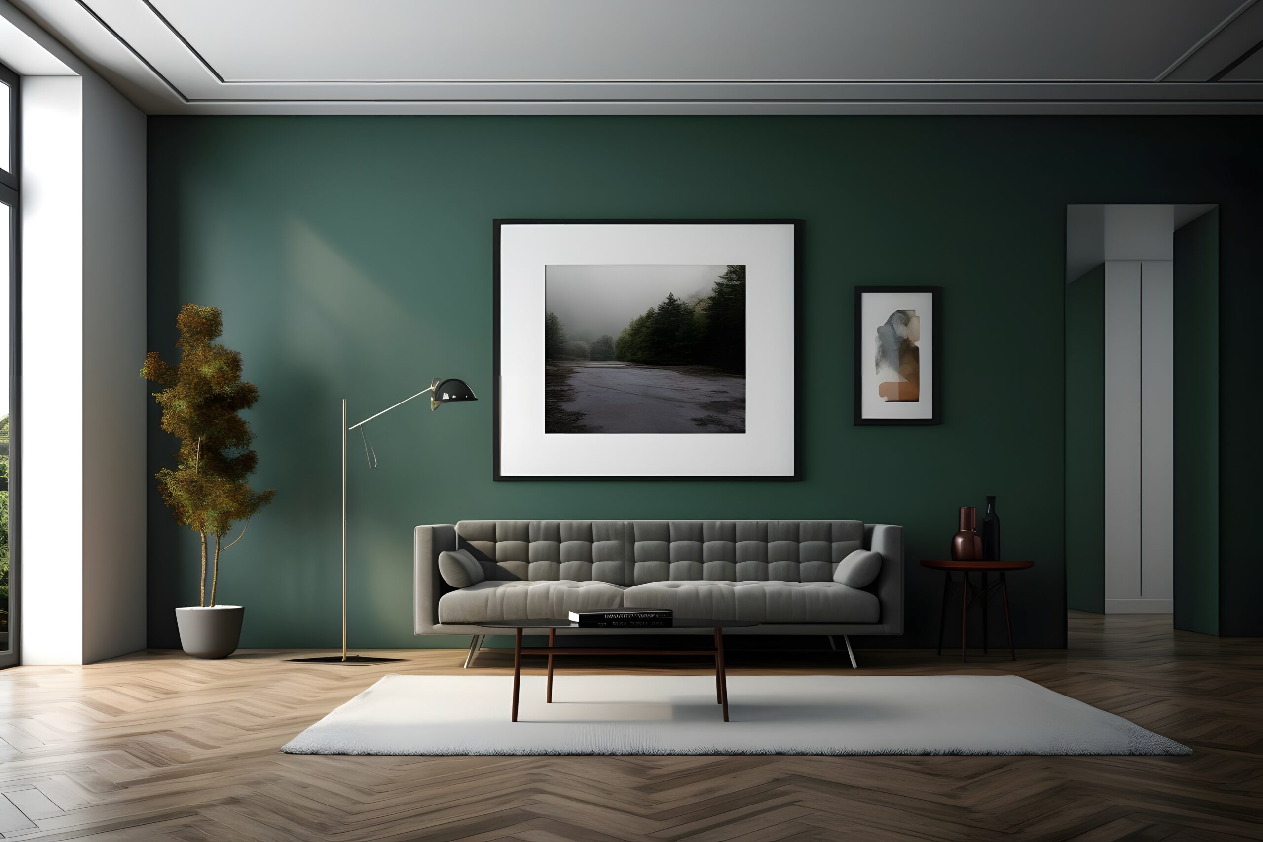 minimal design appartment, a wall with a picture frame, modern living-room, colourful furniture, perpendicular composition, center perspective, very detailed, photorealistic, photographic, Eastman Kod