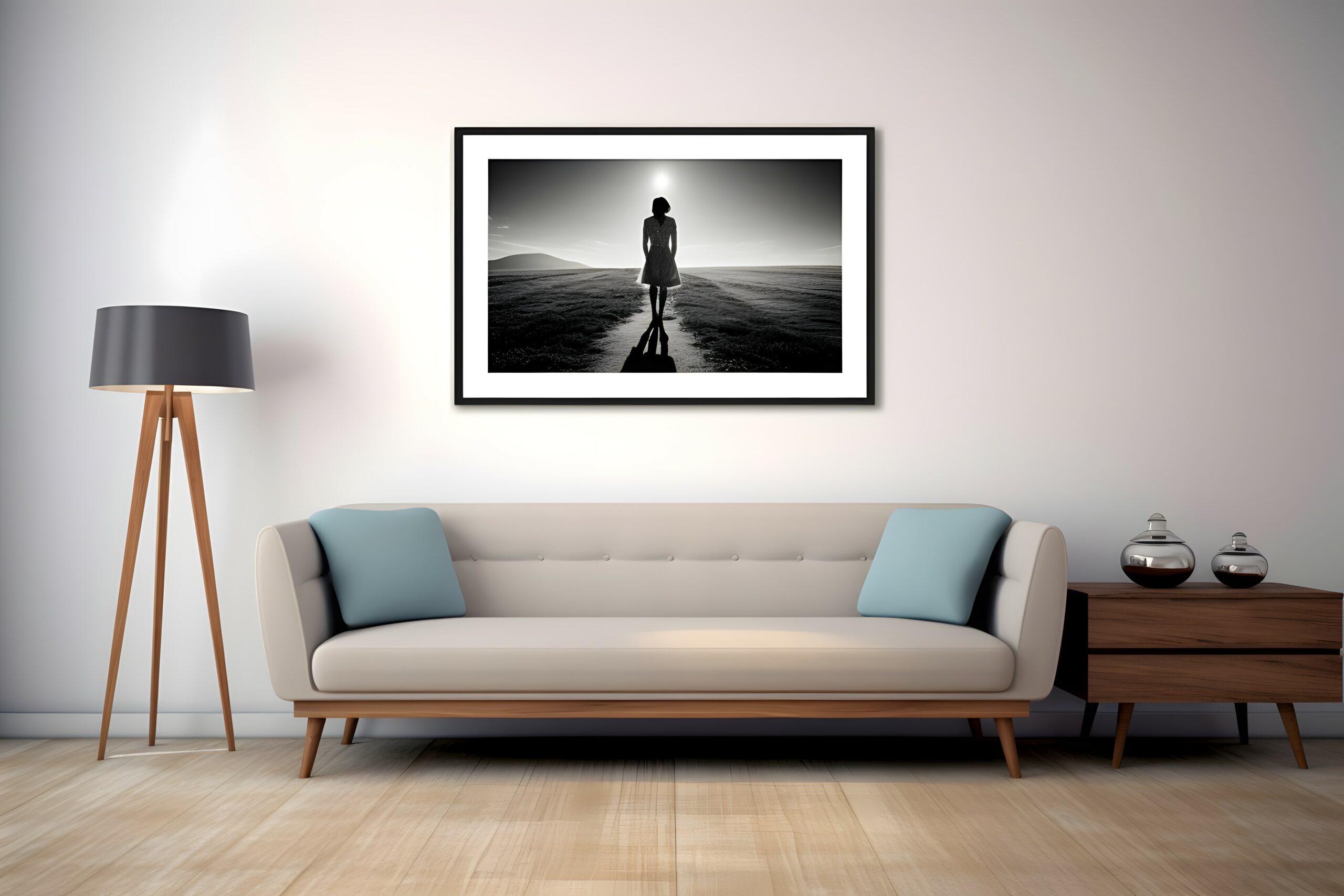 minimal design appartment, a wall with a picture frame, modern living-room, colourful furniture, perpendicular composition, center perspective, very detailed, photorealistic, photographic, Eastman Kod