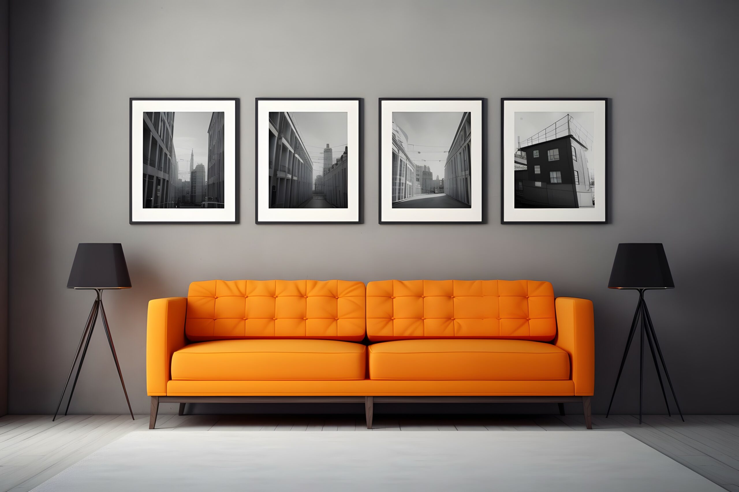 minimal design appartment, a wall with 2 or 3 picture frames, modern living-room, colourful furniture, perpendicular composition, center perspective, very detailed, photorealistic, photographic, Eastm