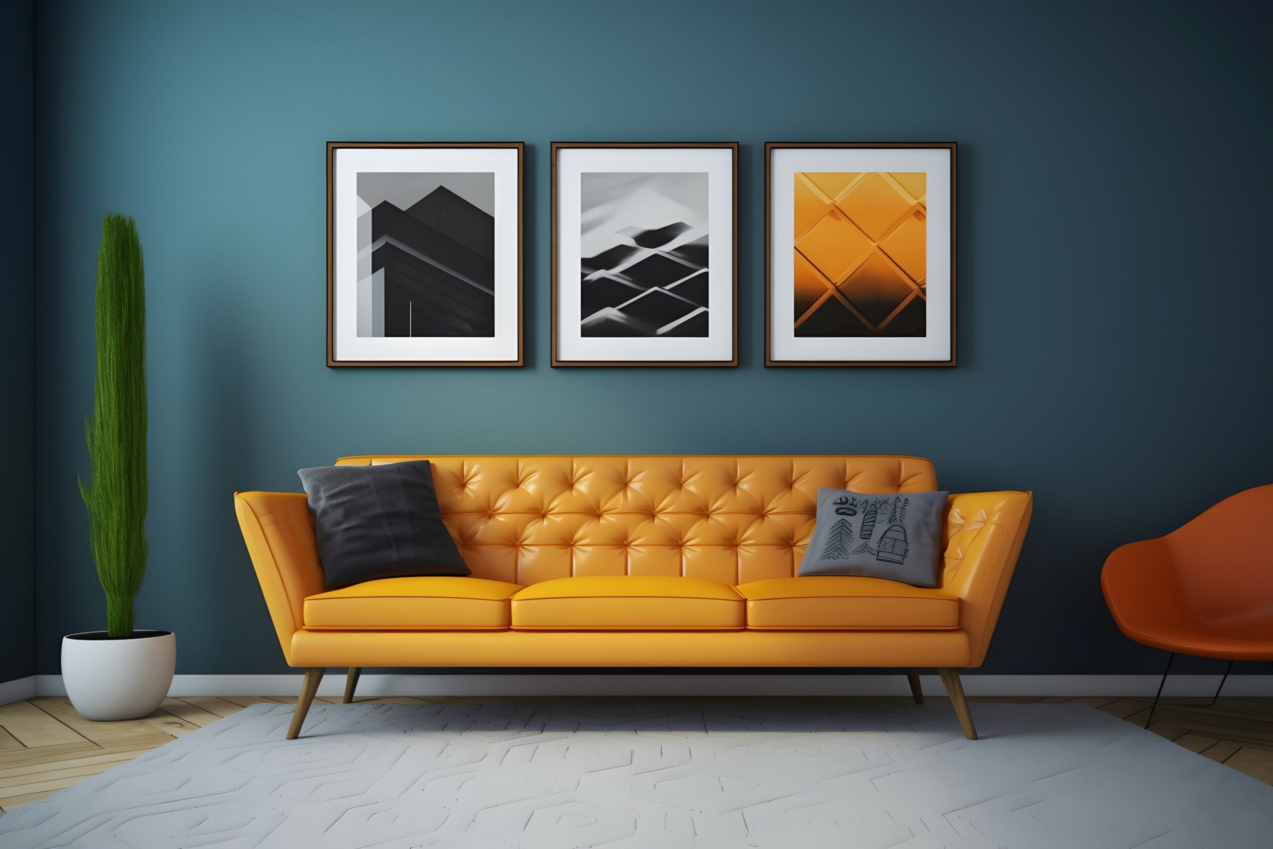 minimal design appartment, a wall with 2 or 3 picture frames, mo
