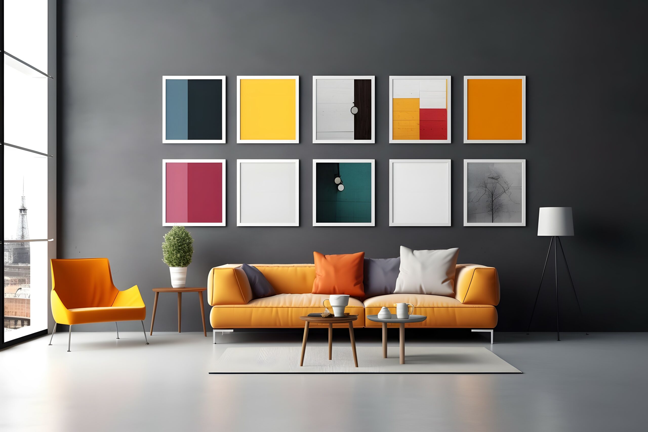minimal design appartment, a wall with six picture frames, modern living-room, colourful furniture, perpendicular composition, center perspective, very detailed, photorealistic, photographic, Eastman